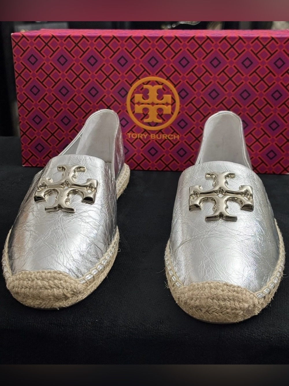 Tory Burch Eleanor Logo Espadrille Leather Flat Metallic Silver US 11. - Picture 7 of 9